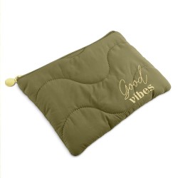Pochette matelassée brodée kaki “good vibes”