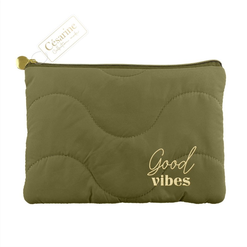 Pochette matelassée brodé kaki “good vibes” Pochette matelassée brodé kaki “good vibes”