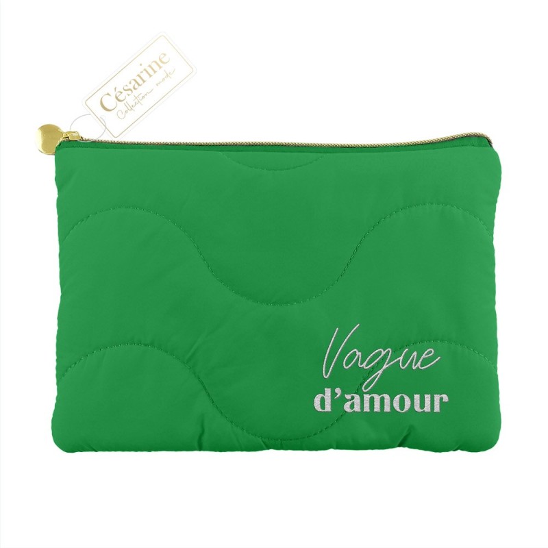 Pochette matelassée brodée vert “vague d'amour”
