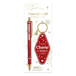 Stylo et porte clés paillettes chérie d'amour