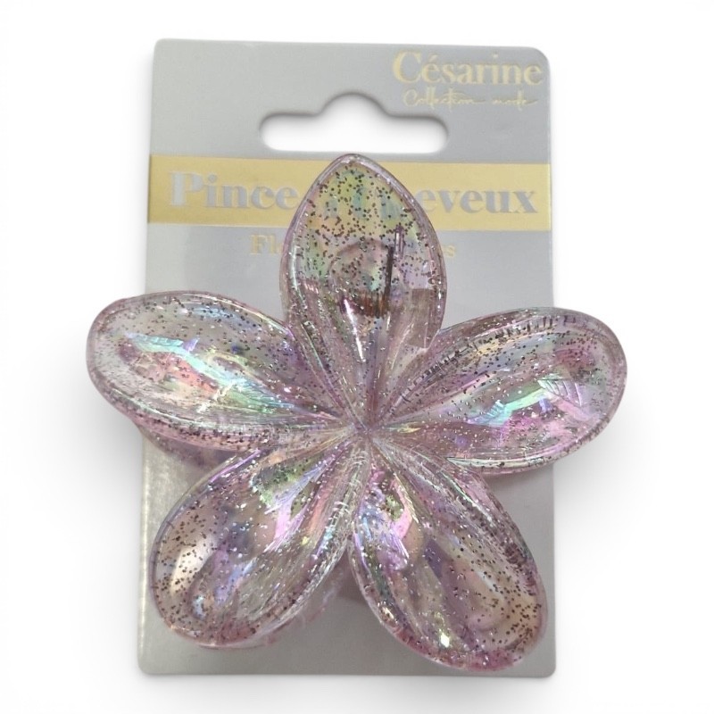 Pince à cheveux fleur rose translucide et pailletée